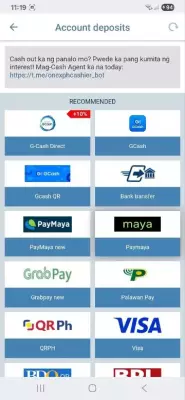 1xBet deposit methods showing GCash, PayMaya, bank transfer and Visa